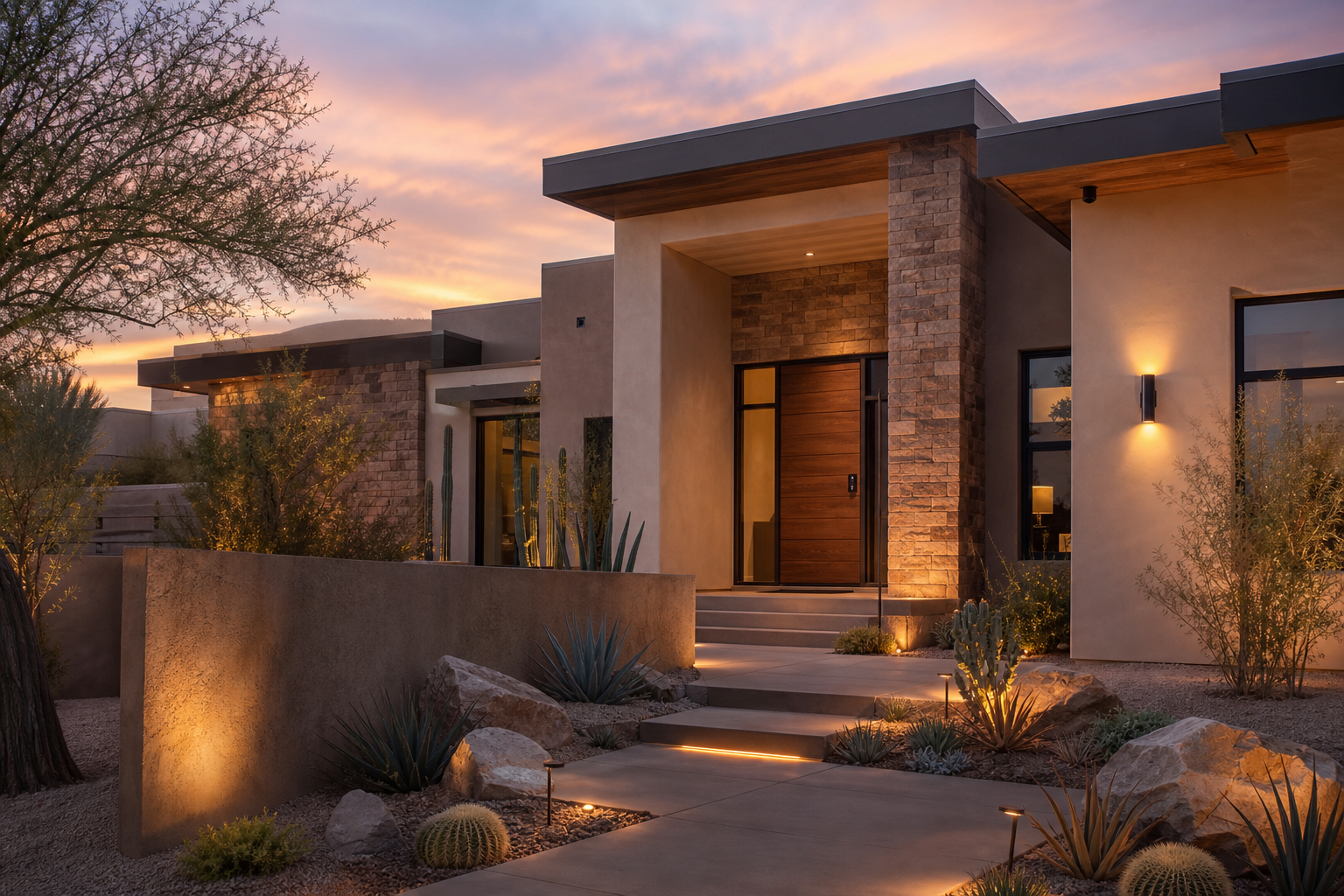 Modern Luxury Home at Dusk with Hidden Technology and Elegant Lighting