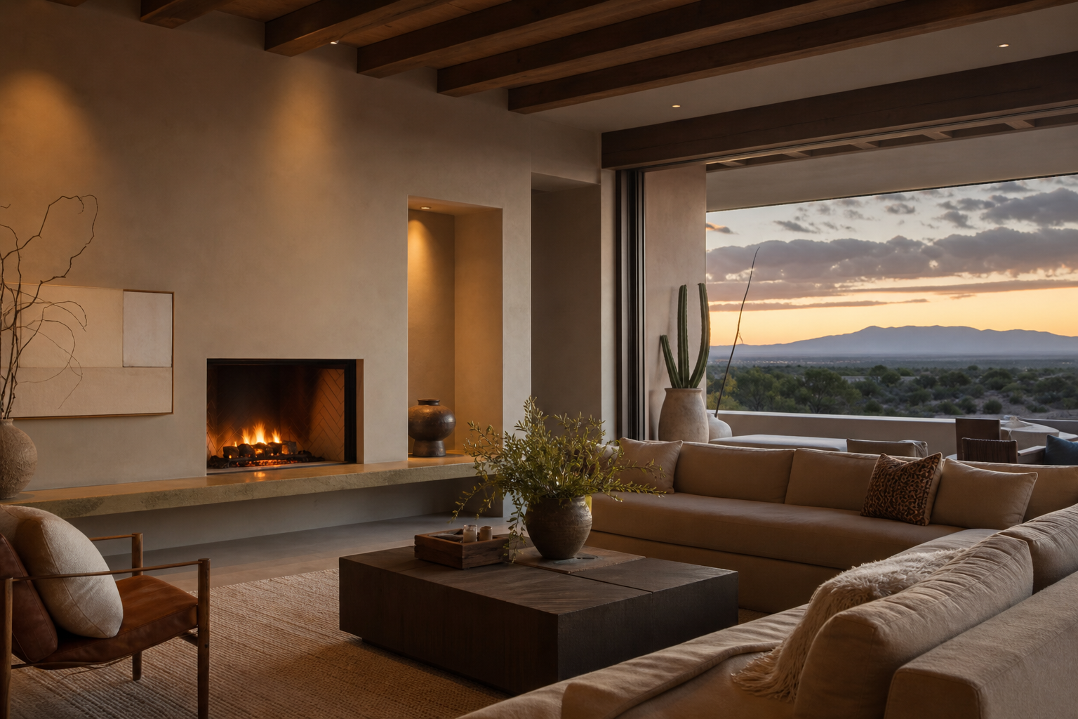 Modern Minimalist Living Room with Hidden Speakers and Warm Lighting