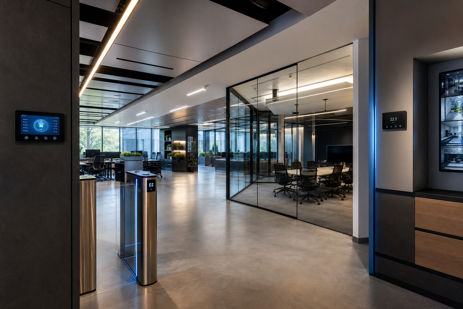 Modern Office with Smart Building Tech and Blue Lighting Accent