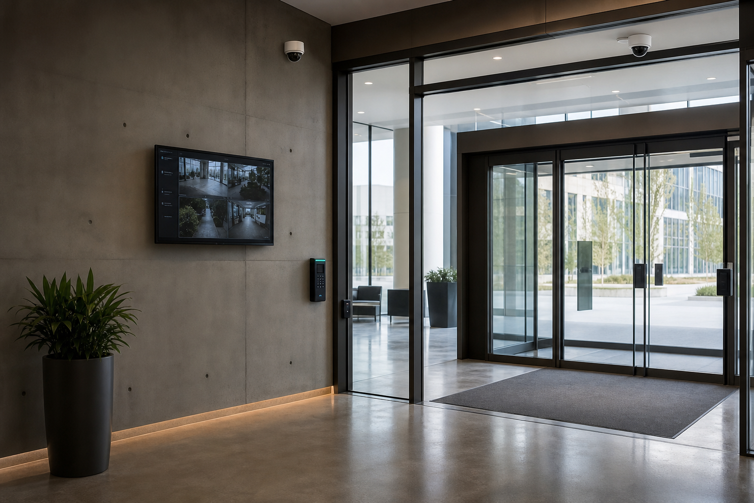 Smart Building Entrance with Futuristic Security Aesthetic