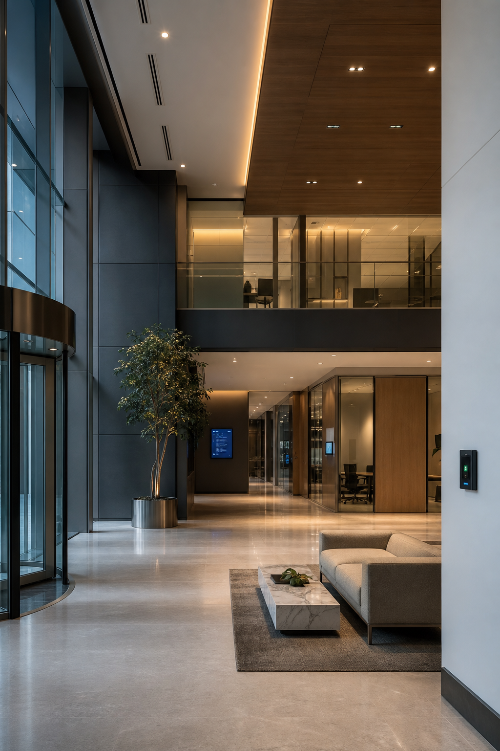 Smart Building Interior with Blue Tech Accents and Warm Lighting-1