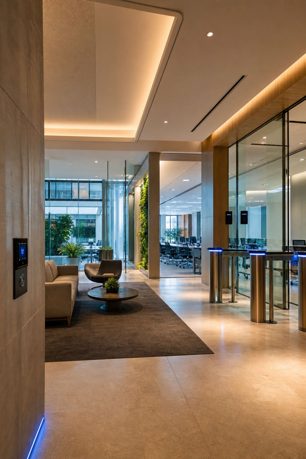 Smart Building Interior with Blue Tech Highlights and Warm Lighting