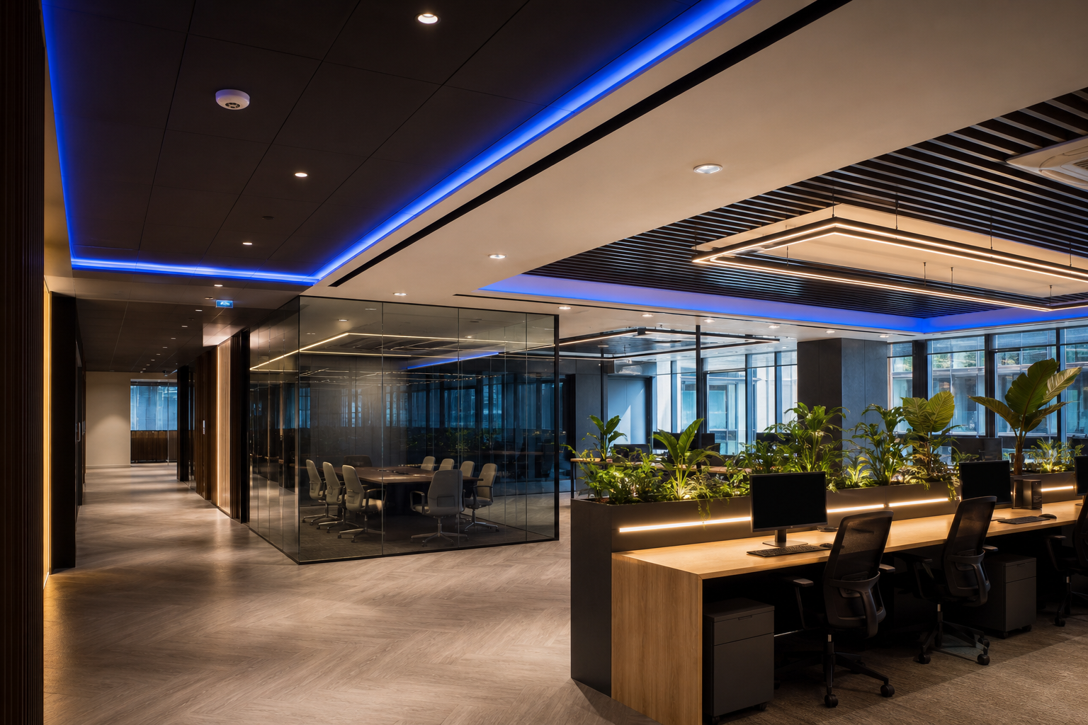 Smart Office Interior with Dynamic LED Lighting and Blue White Accents