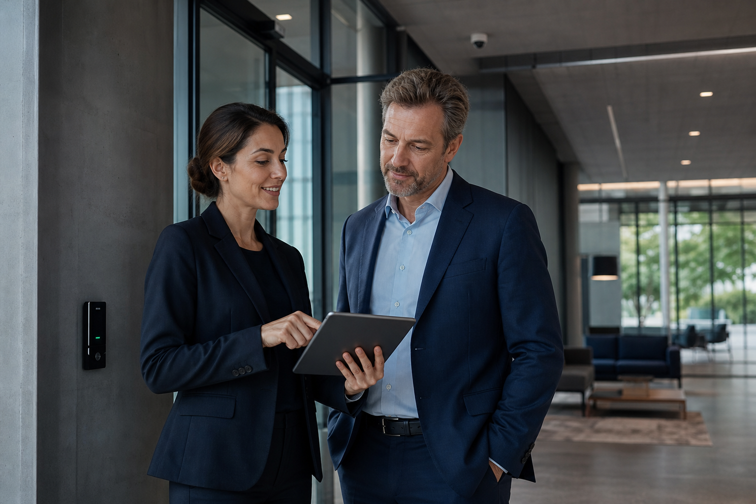 Professional Consultant Discussing Smart Building Tech in Modern Office