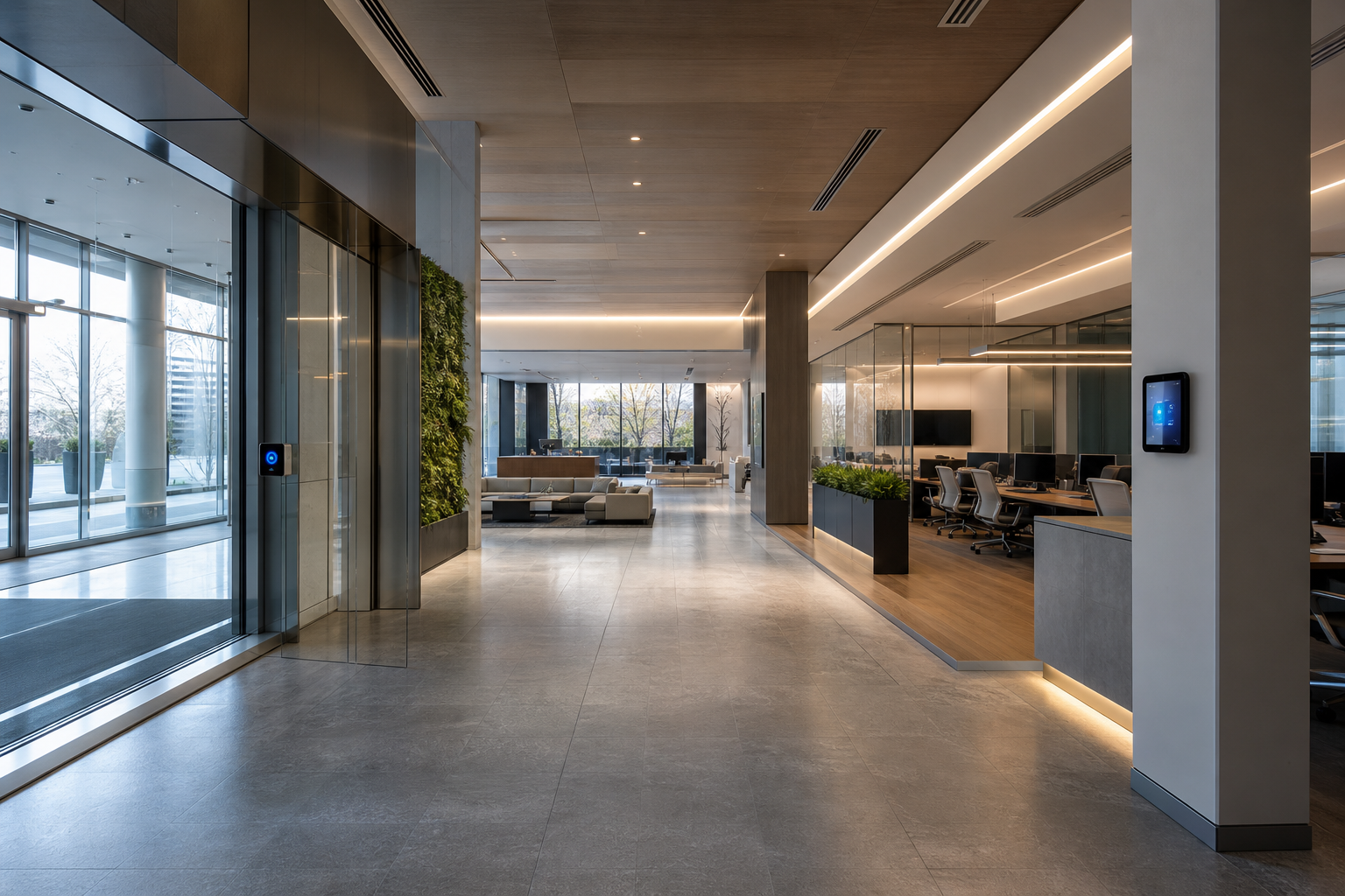 Smart Building Interior with Blue Tech Highlights and Warm Lighting-1